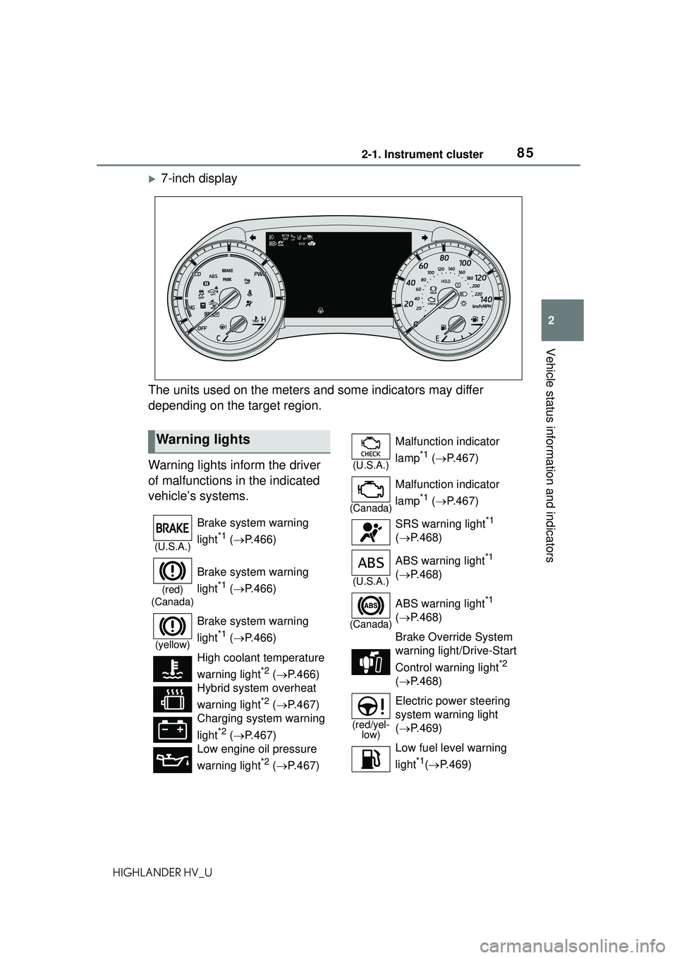 TOYOTA HIGHLANDER HYBRID 2021  Owners Manual (in English) 852-1. Instrument cluster
2
Vehicle status information and indicators
HIGHLANDER HV_U
7-inch display
The units used on the meters and some indicators may differ 
depending on the target region.
War