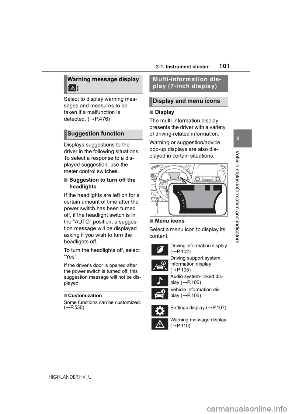 TOYOTA HIGHLANDER HYBRID 2021 Owners Manual (in English) 1012-1. Instrument cluster
2
Vehicle status information and indicators
HIGHLANDER HV_U
Select to display warning mes-
sages and measures to be
taken if a malfunction is
detected. (P.476)
Displays TOYOTA HIGHLANDER HYBRID 2021 Owners Manual (in English) 1012-1. Instrument cluster
2
Vehicle status information and indicators
HIGHLANDER HV_U
Select to display warning mes-
sages and measures to be
taken if a malfunction is
detected. (P.476)
Displays