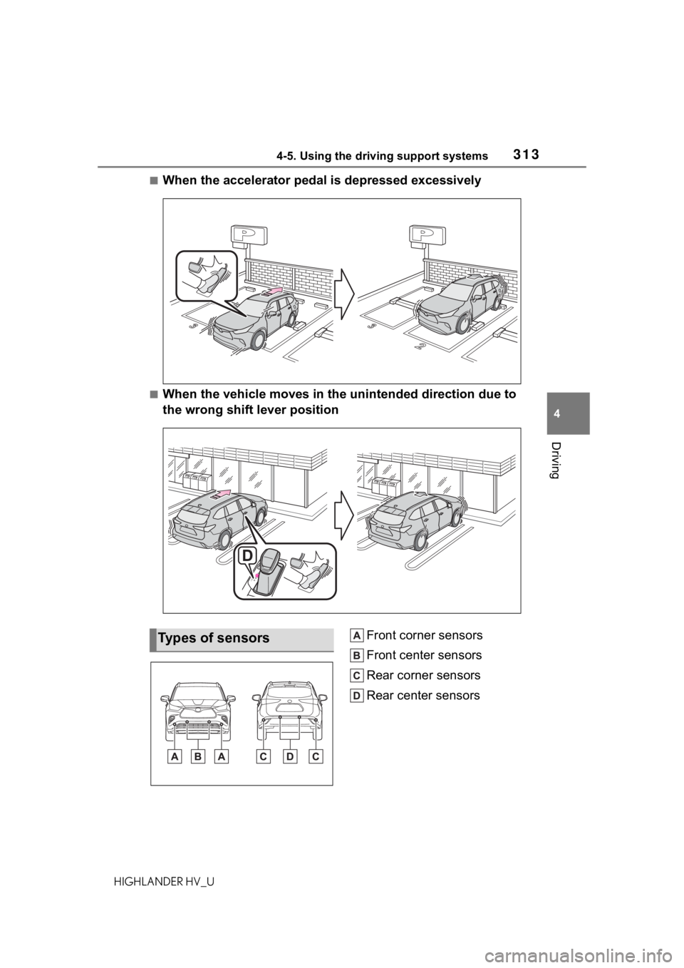 TOYOTA HIGHLANDER HYBRID 2021 (in English) Workshop Manual 3134-5. Using the driving support systems
4
Driving
HIGHLANDER HV_U
■When the accelerator pedal is depressed excessively
■When the vehicle moves in the unintended direction due to
the wrong shift TOYOTA HIGHLANDER HYBRID 2021 (in English) Workshop Manual 3134-5. Using the driving support systems
4
Driving
HIGHLANDER HV_U
■When the accelerator pedal is depressed excessively
■When the vehicle moves in the unintended direction due to
the wrong shift