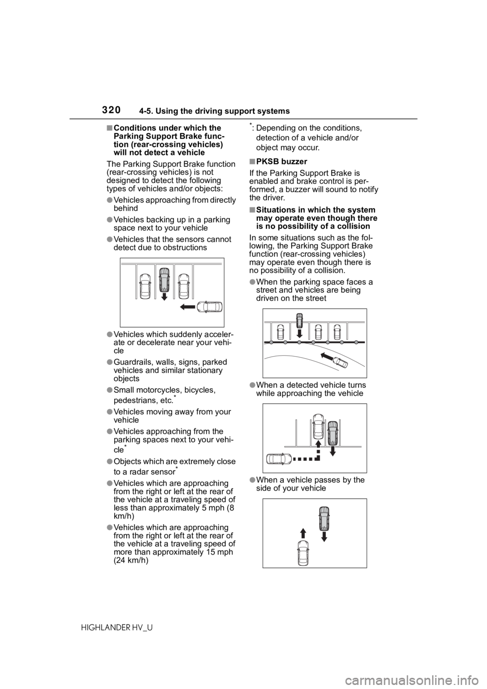 TOYOTA HIGHLANDER HYBRID 2021 (in English) Repair Manual 3204-5. Using the driving support systems
HIGHLANDER HV_U
■Conditions under which the
Parking Support Brake func-
tion (rear-crossing vehicles)
will not detect a vehicle
The Parking Support Brake TOYOTA HIGHLANDER HYBRID 2021 (in English) Repair Manual 3204-5. Using the driving support systems
HIGHLANDER HV_U
■Conditions under which the
Parking Support Brake func-
tion (rear-crossing vehicles)
will not detect a vehicle
The Parking Support Brake