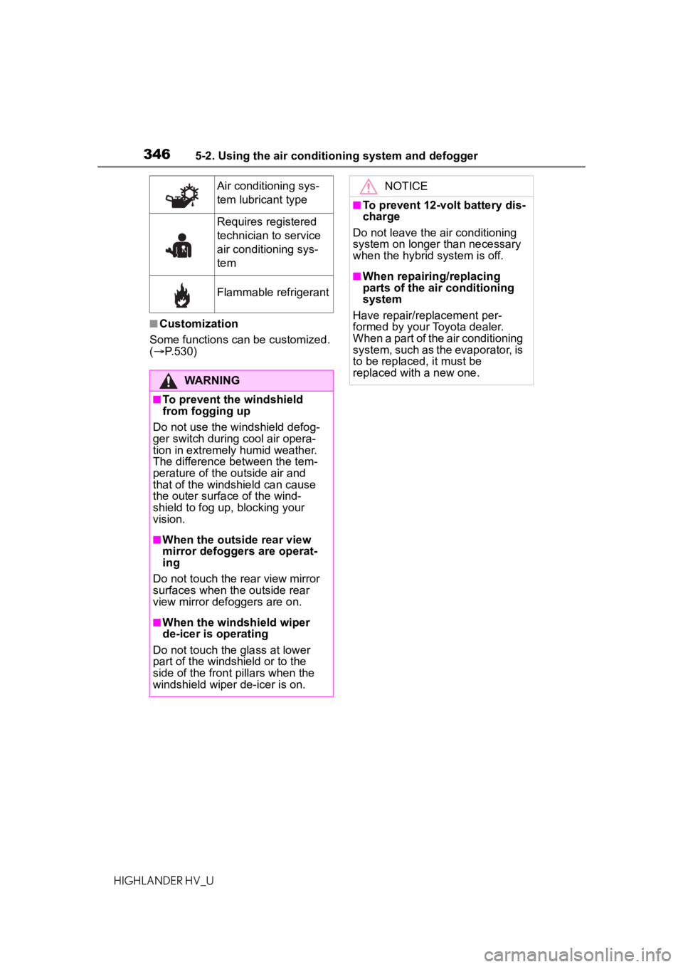 TOYOTA HIGHLANDER HYBRID 2021  Owners Manual (in English) 3465-2. Using the air conditioning system and defogger
HIGHLANDER HV_U
■Customization
Some functions can be customized. 
(  P.530)
Air conditioning sys-
tem lubricant type
Requires registered 
te