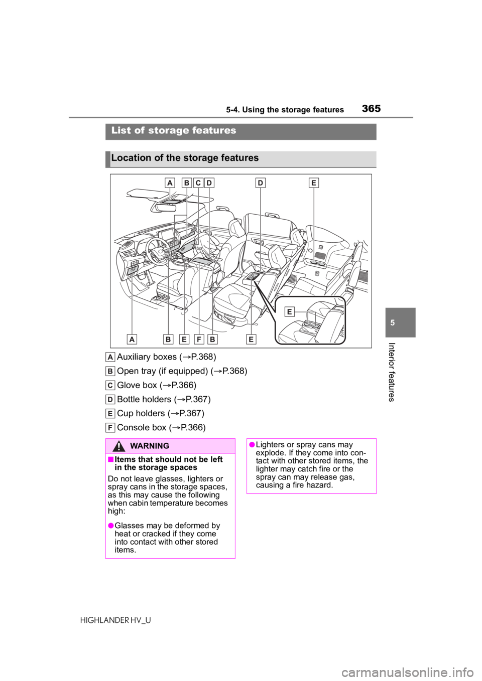 TOYOTA HIGHLANDER HYBRID 2021 Owners Manual (in English) 3655-4. Using the storage features
5
Interior features
HIGHLANDER HV_U
5-4.Using the storage features
Auxiliary boxes (P.368)
Open tray (if equipped) ( P.368)
Glove box ( P.366)
Bottle holder TOYOTA HIGHLANDER HYBRID 2021 Owners Manual (in English) 3655-4. Using the storage features
5
Interior features
HIGHLANDER HV_U
5-4.Using the storage features
Auxiliary boxes (P.368)
Open tray (if equipped) ( P.368)
Glove box ( P.366)
Bottle holder