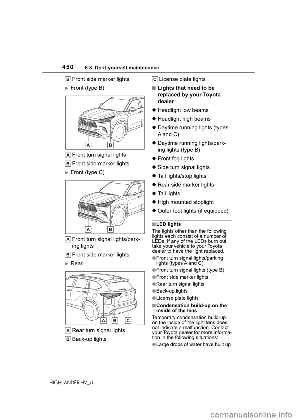 TOYOTA HIGHLANDER HYBRID 2021  Owners Manual (in English) 4506-3. Do-it-yourself maintenance
HIGHLANDER HV_U
Front side marker lights
Front (type B)
Front turn signal lights
Front side marker lights
Front (type C)Front turn signal lights/park-
ing ligh