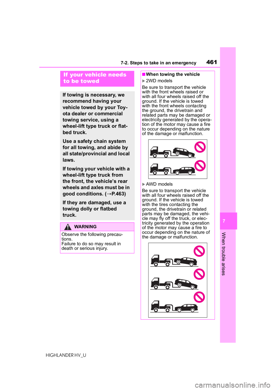 TOYOTA HIGHLANDER HYBRID 2021  Owners Manual (in English) 4617-2. Steps to take in an emergency
7
When trouble arises
HIGHLANDER HV_U
7-2.Steps to take in an emergency
If  your vehicle needs 
to be towed
If towing is necessary, we 
recommend having your 
veh