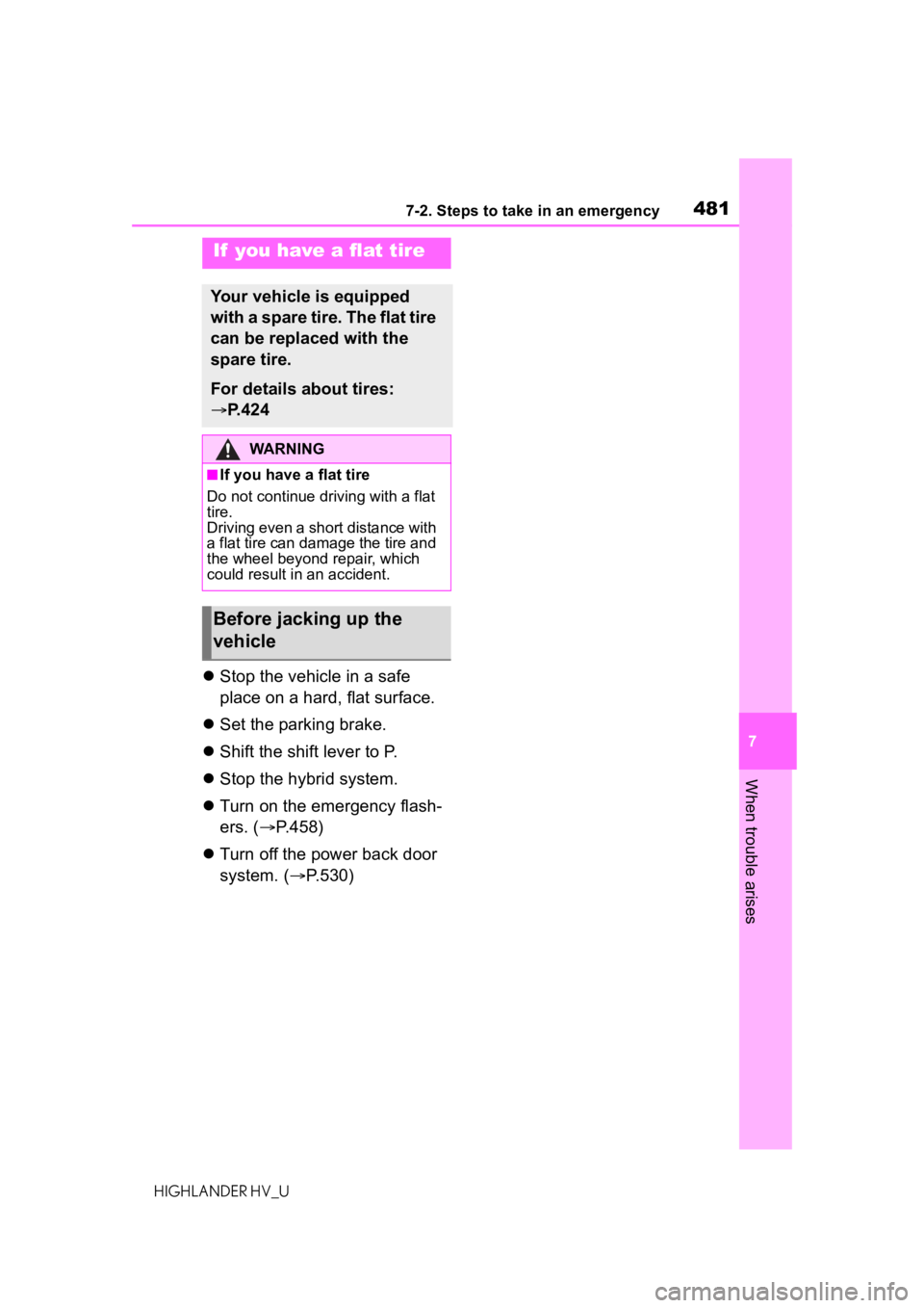 TOYOTA HIGHLANDER HYBRID 2021  Owners Manual (in English) 4817-2. Steps to take in an emergency
7
When trouble arises
HIGHLANDER HV_U
Stop the vehicle in a safe 
place on a hard, flat surface.
 Set the parking brake.
 Shift the shift lever to P.
