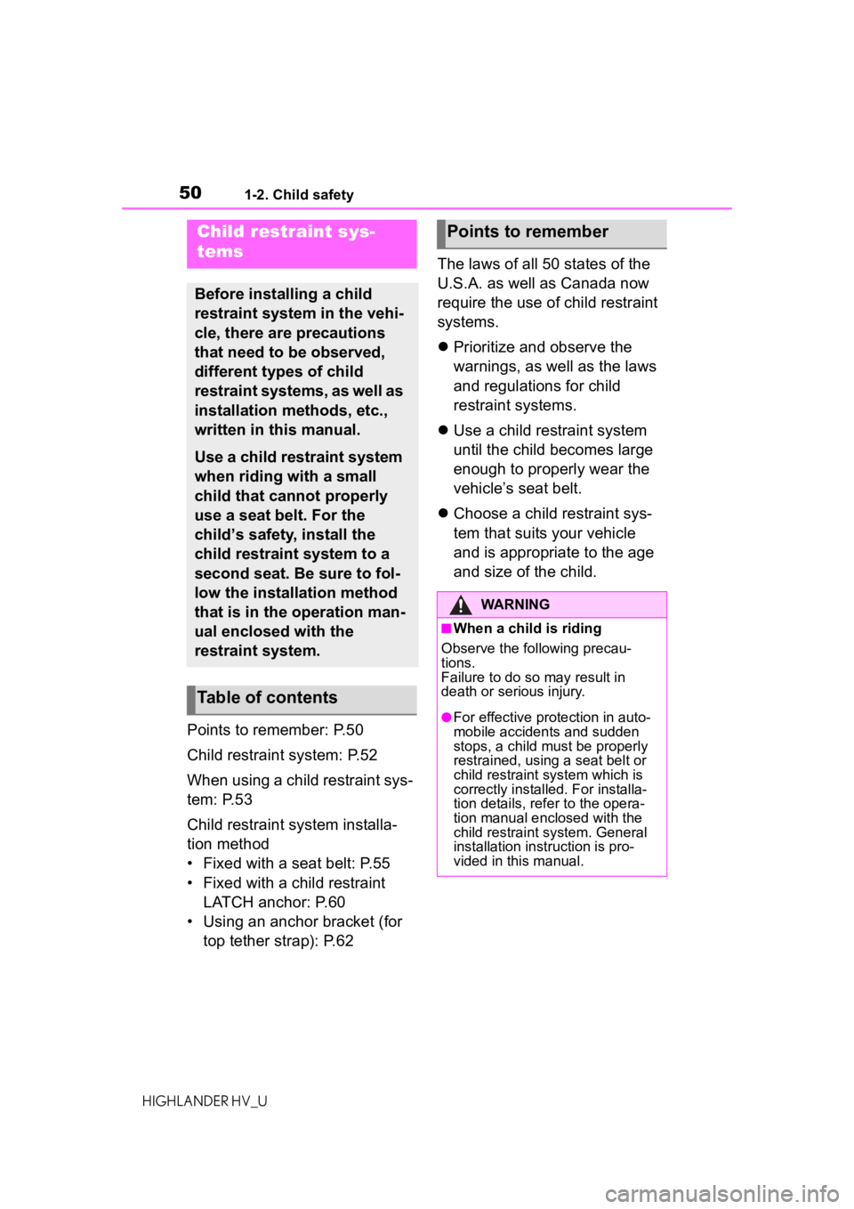 TOYOTA HIGHLANDER HYBRID 2021 (in English) Service Manual 501-2. Child safety
HIGHLANDER HV_U
Points to remember: P.50
Child restraint system: P.52
When using a child restraint sys-
tem: P.53
Child restraint system installa-
tion method
• Fixed with a seat TOYOTA HIGHLANDER HYBRID 2021 (in English) Service Manual 501-2. Child safety
HIGHLANDER HV_U
Points to remember: P.50
Child restraint system: P.52
When using a child restraint sys-
tem: P.53
Child restraint system installa-
tion method
• Fixed with a seat