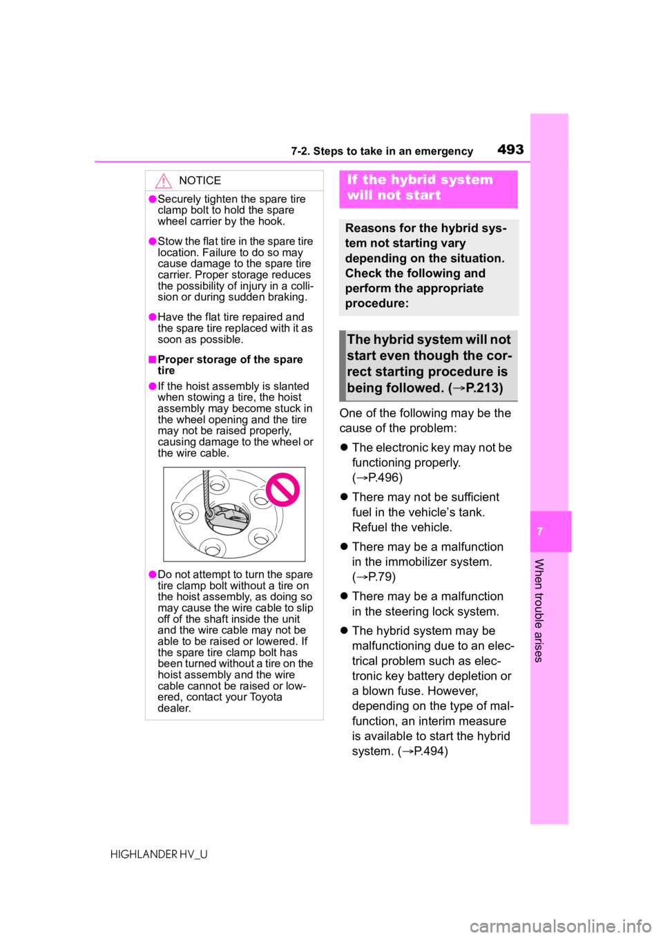 TOYOTA HIGHLANDER HYBRID 2021  Owners Manual (in English) 4937-2. Steps to take in an emergency
7
When trouble arises
HIGHLANDER HV_U
One of the following may be the 
cause of the problem:
The electronic key may not be 
functioning properly. 
( P.496)
