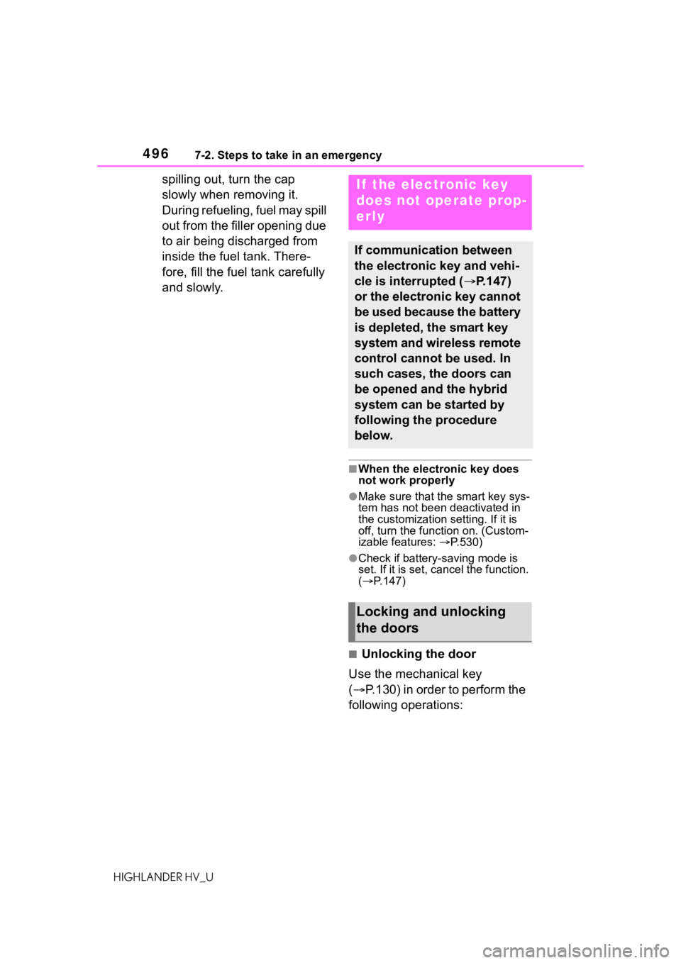 TOYOTA HIGHLANDER HYBRID 2021  Owners Manual (in English) 4967-2. Steps to take in an emergency
HIGHLANDER HV_U
spilling out, turn the cap 
slowly when removing it.
During refueling, fuel may spill 
out from the filler opening due 
to air being discharged fr