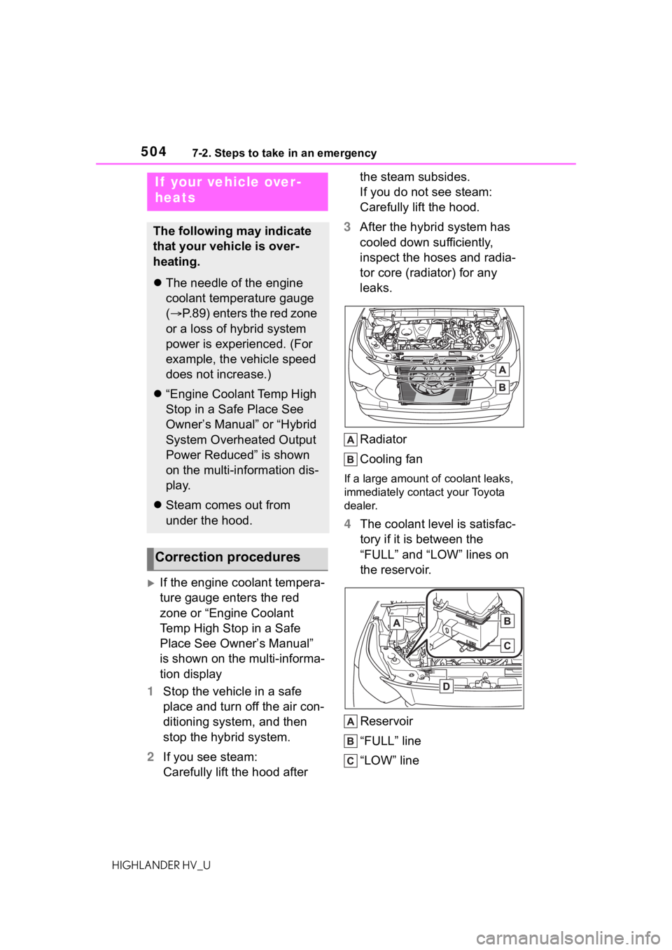 TOYOTA HIGHLANDER HYBRID 2021 Owners Manual (in English) 5047-2. Steps to take in an emergency
HIGHLANDER HV_U
If the engine coolant tempera-
ture gauge enters the red
zone or “Engine Coolant
Temp High Stop in a Safe
Place See Owner’s Manual”
i TOYOTA HIGHLANDER HYBRID 2021 Owners Manual (in English) 5047-2. Steps to take in an emergency
HIGHLANDER HV_U
If the engine coolant tempera-
ture gauge enters the red
zone or “Engine Coolant
Temp High Stop in a Safe
Place See Owner’s Manual”
i