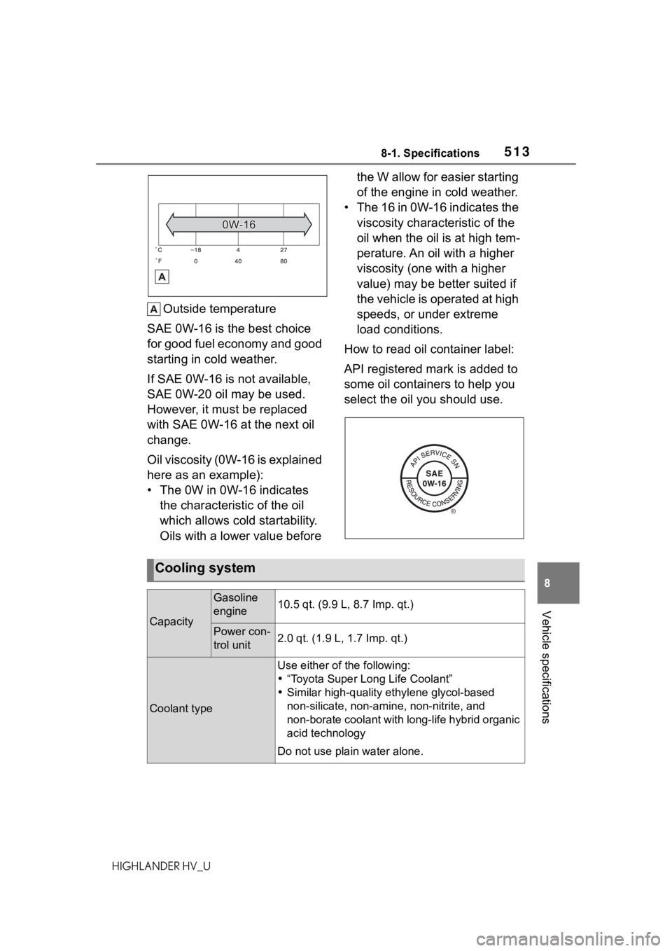 TOYOTA HIGHLANDER HYBRID 2021 Owners Manual (in English) 5138-1. Specifications
8
Vehicle specifications
HIGHLANDER HV_U
Outside temperature
SAE 0W-16 is the best choice
for good fuel economy and good
starting in cold weather.
If SAE 0W-16 is not availabl TOYOTA HIGHLANDER HYBRID 2021 Owners Manual (in English) 5138-1. Specifications
8
Vehicle specifications
HIGHLANDER HV_U
Outside temperature
SAE 0W-16 is the best choice
for good fuel economy and good
starting in cold weather.
If SAE 0W-16 is not availabl