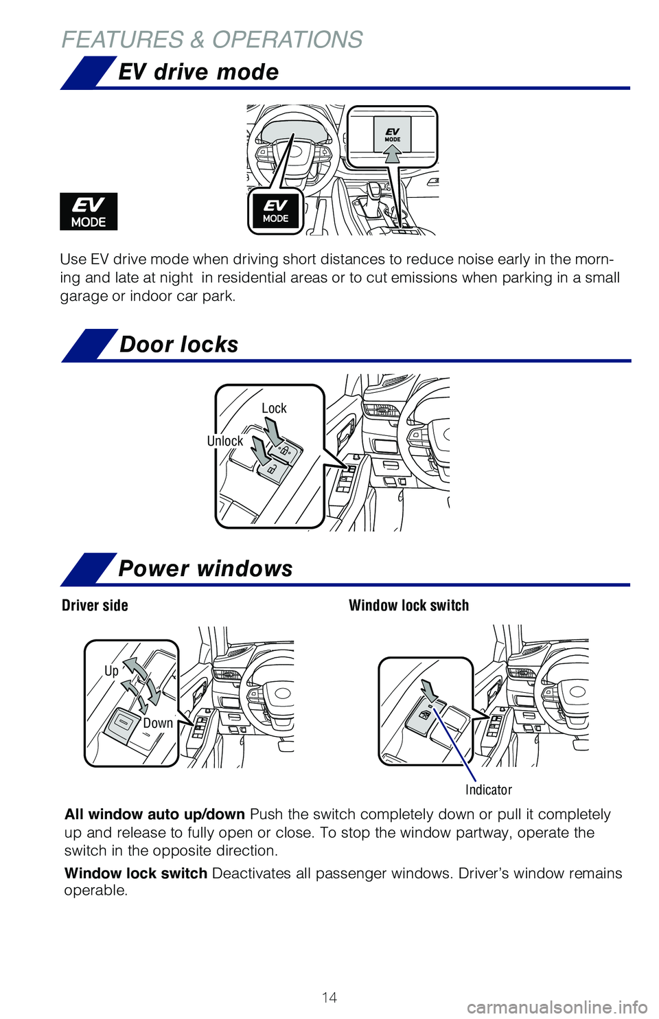 TOYOTA HIGHLANDER HYBRID 2021  Owners Manual (in English) 14
Use EV drive mode when driving short distances to reduce noise early in \�the morn­
ing and late at night  in residential areas or to cut emissions when par\�king in a small 
garage or indoor 