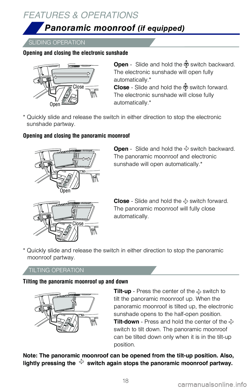 TOYOTA HIGHLANDER HYBRID 2021  Owners Manual (in English) 18
SLIDING OPERATION
TILTING OPERATION
Open -  Slide and hold the  switch backward. 
The electronic sunshade will open fully 
automatically.*
Close - Slide and hold the 
 switch forward. 
The electron