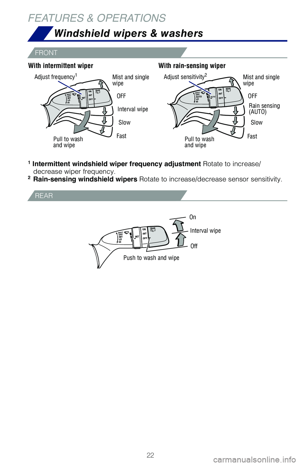 TOYOTA HIGHLANDER HYBRID 2021  Owners Manual (in English) 22
OnInterval wipe
Off
Push to wash and wipe
1 Intermittent windshield wiper frequency adjustment Rotate to increase/  decrease wiper frequency.
2  Rain-sensing windshield wipers  Rotate to increase/d