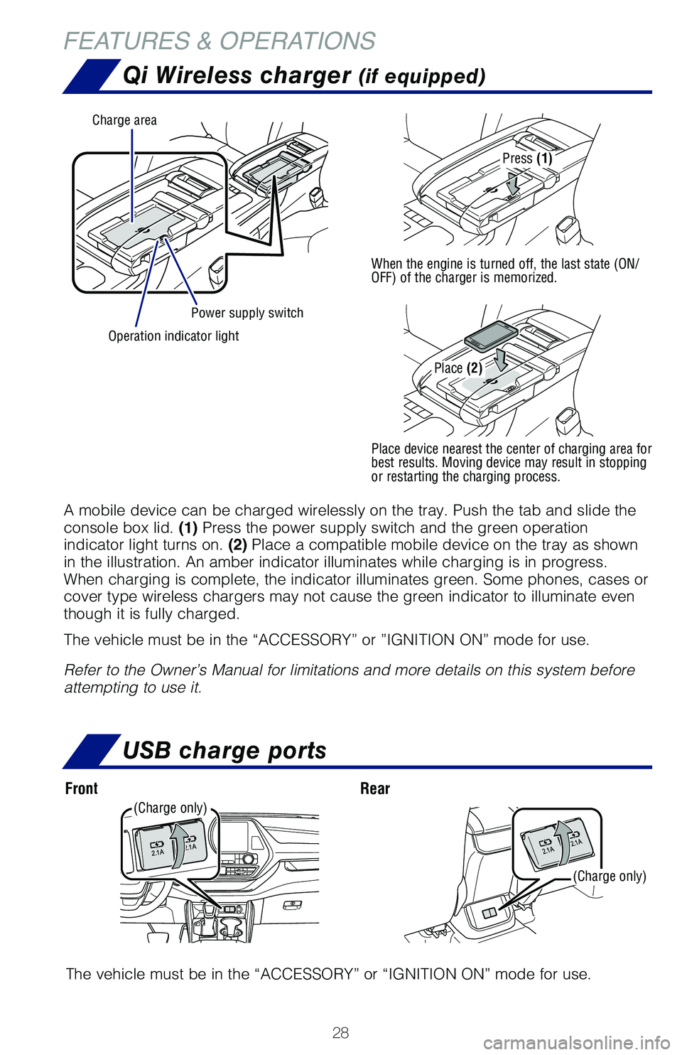 TOYOTA HIGHLANDER HYBRID 2021   (in English) Owners Manual 28
Power supply switch
Charge area
Operation indicator light
Qi Wireless charger (if equipped)
A mobile device can be charged wirelessly on the tray. Push the tab and \�slide the
console box lid. (1
