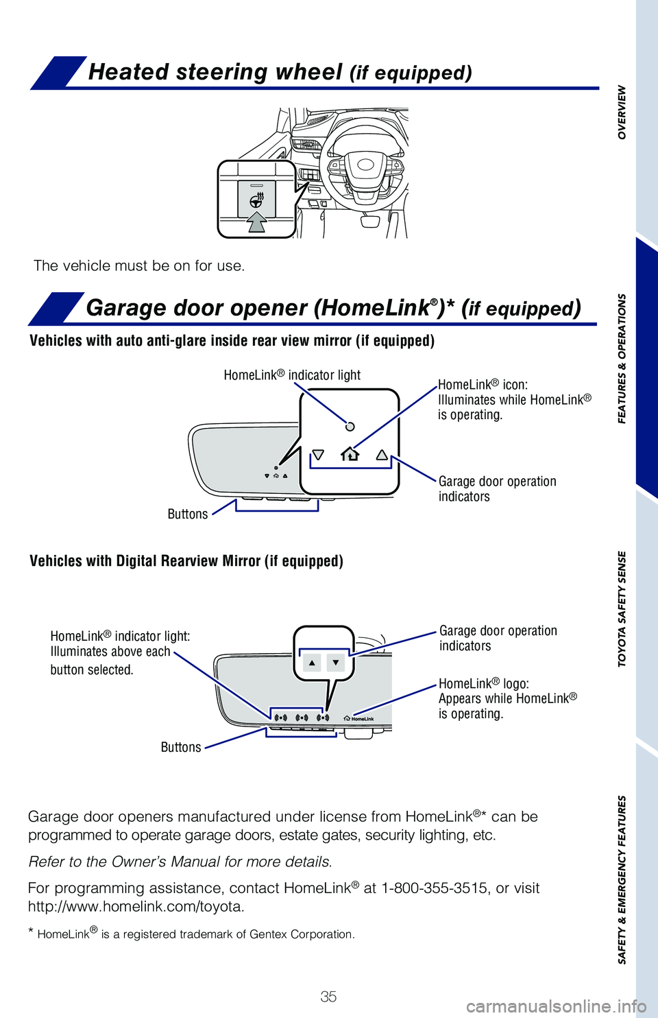 TOYOTA HIGHLANDER HYBRID 2021   (in English) Owners Guide 35
Heated steering wheel (if equipped)
The vehicle must be on for use.
OVERVIEW
FEATURES & OPERATIONS
TOYOTA SAFETY SENSE
SAFETY & EMERGENCY FEATURES
Garage door opener (HomeLink®)* (if equipped)
Gar