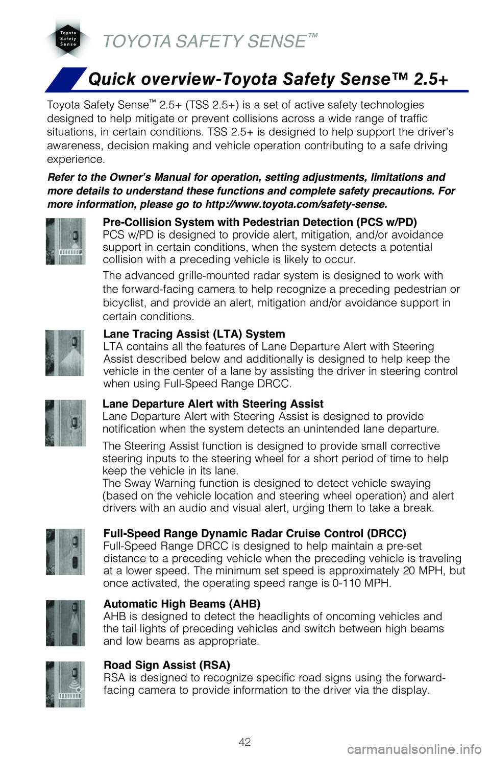 TOYOTA HIGHLANDER HYBRID 2021   (in English) Service Manual 42
TOYOTA SAFETY SENSE™
Toyota Safety Sense™ 2.5+ (TSS 2.5+) is a set of active safety technologies 
designed to help mitigate or prevent collisions across a wide range of t\�raffic 
situations,