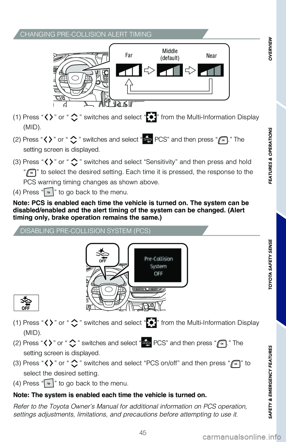 TOYOTA HIGHLANDER HYBRID 2021   (in English) Service Manual 45
CHANGING PRE-COLLISION ALERT TIMING
DISABLING PRE-COLLISION SYSTEM (PCS)
FarMiddle
(default) NearOVERVIEW
FEATURES & OPERATIONS
TOYOTA SAFETY SENSE
SAFETY & EMERGENCY FEATURES
(1) Press “” or 