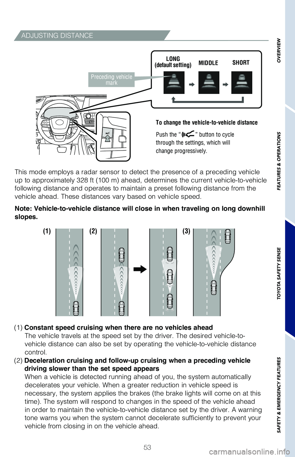TOYOTA HIGHLANDER HYBRID 2021 (in English) Workshop Manual 53
ADJUSTING DISTANCE
To change the vehicle-to-vehicle distance
Push the “
” button to cycle
through the settings, which will
change progressively.
This mode employs a radar sensor to detect th TOYOTA HIGHLANDER HYBRID 2021 (in English) Workshop Manual 53
ADJUSTING DISTANCE
To change the vehicle-to-vehicle distance
Push the “
” button to cycle
through the settings, which will
change progressively.
This mode employs a radar sensor to detect th