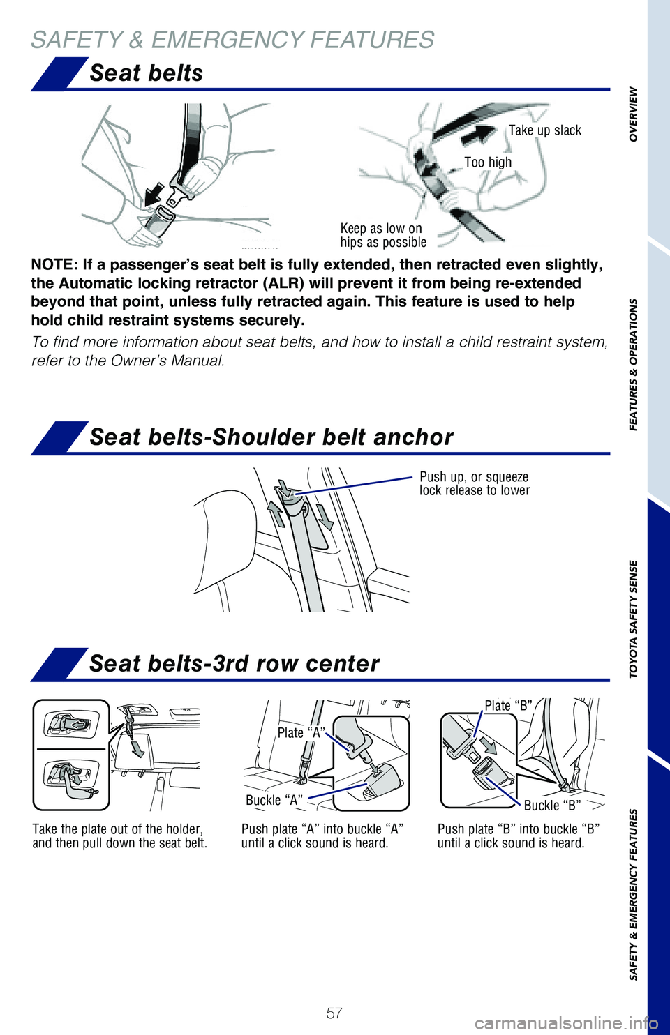 TOYOTA HIGHLANDER HYBRID 2021  Owners Manual (in English) 57
SAFETY & EMERGENCY FEATURESSeat belts
Seat belts-3rd row center
Seat belts-Shoulder belt anchor
Take the plate out of the holder, 
and then pull down the seat belt.Push plate “A” into buckle �
