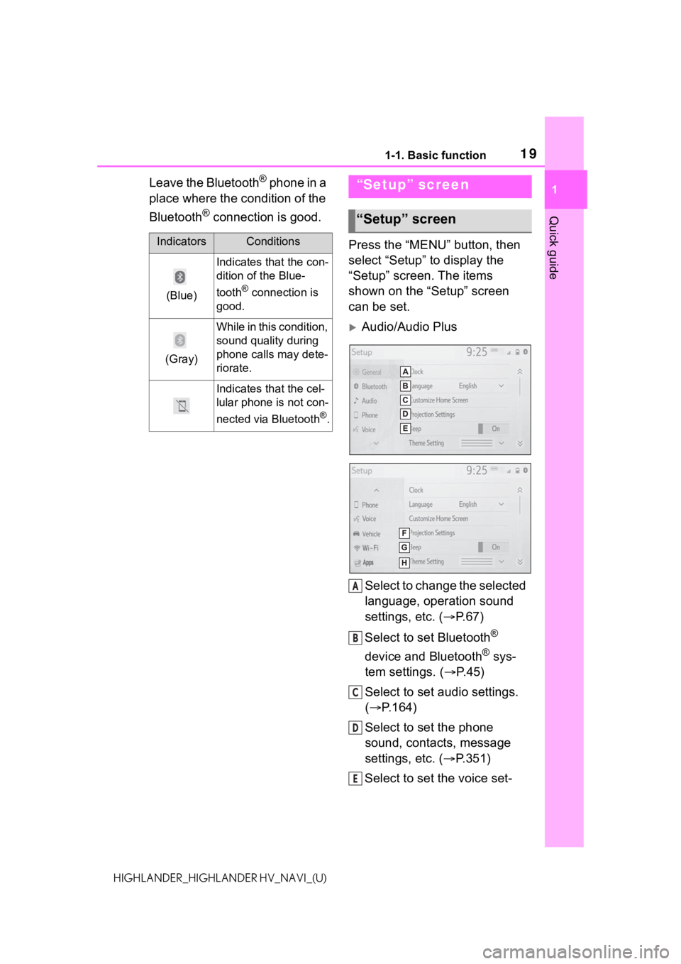 TOYOTA HIGHLANDER HYBRID 2021  Accessories, Audio & Navigation (in English) 191-1. Basic function
1
Quick guide
HIGHLANDER_HIGHLANDER HV_NAVI_(U)
Leave the Bluetooth® phone in a 
place where the condition of the 
Bluetooth
® connection is good.
Press the “MENU” button, 