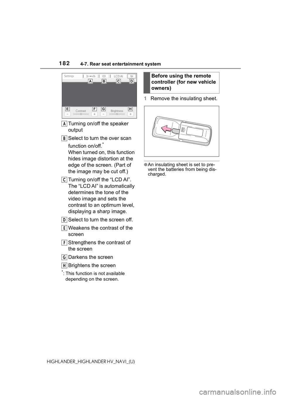 TOYOTA HIGHLANDER HYBRID 2021  Accessories, Audio & Navigation (in English) 1824-7. Rear seat entertainment system
HIGHLANDER_HIGHLANDER HV_NAVI_(U)
Turning on/off the speaker 
output
Select to turn the over scan 
function on/off.
*
When turned on, this function 
hides image 