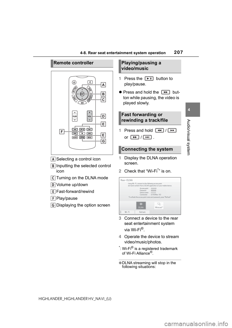 TOYOTA HIGHLANDER HYBRID 2021  Accessories, Audio & Navigation (in English) 2074-8. Rear seat entertainment system operation
4
Audio/visual system
HIGHLANDER_HIGHLANDER HV_NAVI_(U)
Selecting a control icon
Inputting the selected control 
icon
Turning on the DLNA mode
Volume u