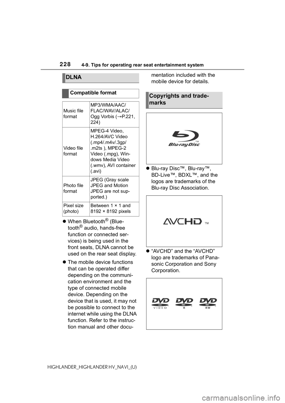 TOYOTA HIGHLANDER HYBRID 2021 Accessories, Audio & Navigation (in English) 2284-9. Tips for operating rear seat entertainment system
HIGHLANDER_HIGHLANDER HV_NAVI_(U)
When Bluetooth® (Blue-
tooth® audio, hands-free
function or connected ser-
vices) is being used in the TOYOTA HIGHLANDER HYBRID 2021 Accessories, Audio & Navigation (in English) 2284-9. Tips for operating rear seat entertainment system
HIGHLANDER_HIGHLANDER HV_NAVI_(U)
When Bluetooth® (Blue-
tooth® audio, hands-free
function or connected ser-
vices) is being used in the