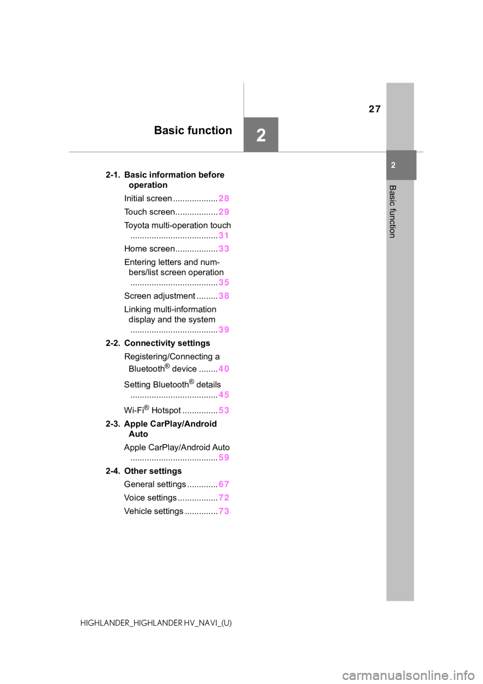 TOYOTA HIGHLANDER HYBRID 2021  Accessories, Audio & Navigation (in English) 27
2
2
Basic function
HIGHLANDER_HIGHLANDER HV_NAVI_(U)
Basic function
.2-1. Basic information before operation
Initial screen ................... 28
Touch screen.................. 29
Toyota multi-ope