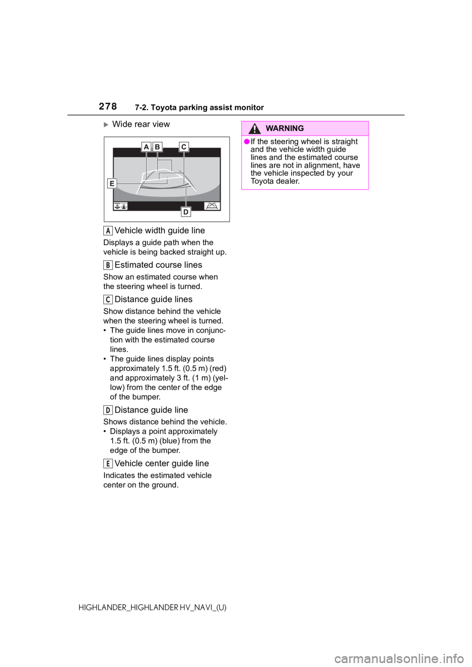 TOYOTA HIGHLANDER HYBRID 2021  Accessories, Audio & Navigation (in English) 2787-2. Toyota parking assist monitor
HIGHLANDER_HIGHLANDER HV_NAVI_(U)
Wide rear viewVehicle width guide line
Displays a guide  path when the 
vehicle is being b acked straight up.
Estimated cours