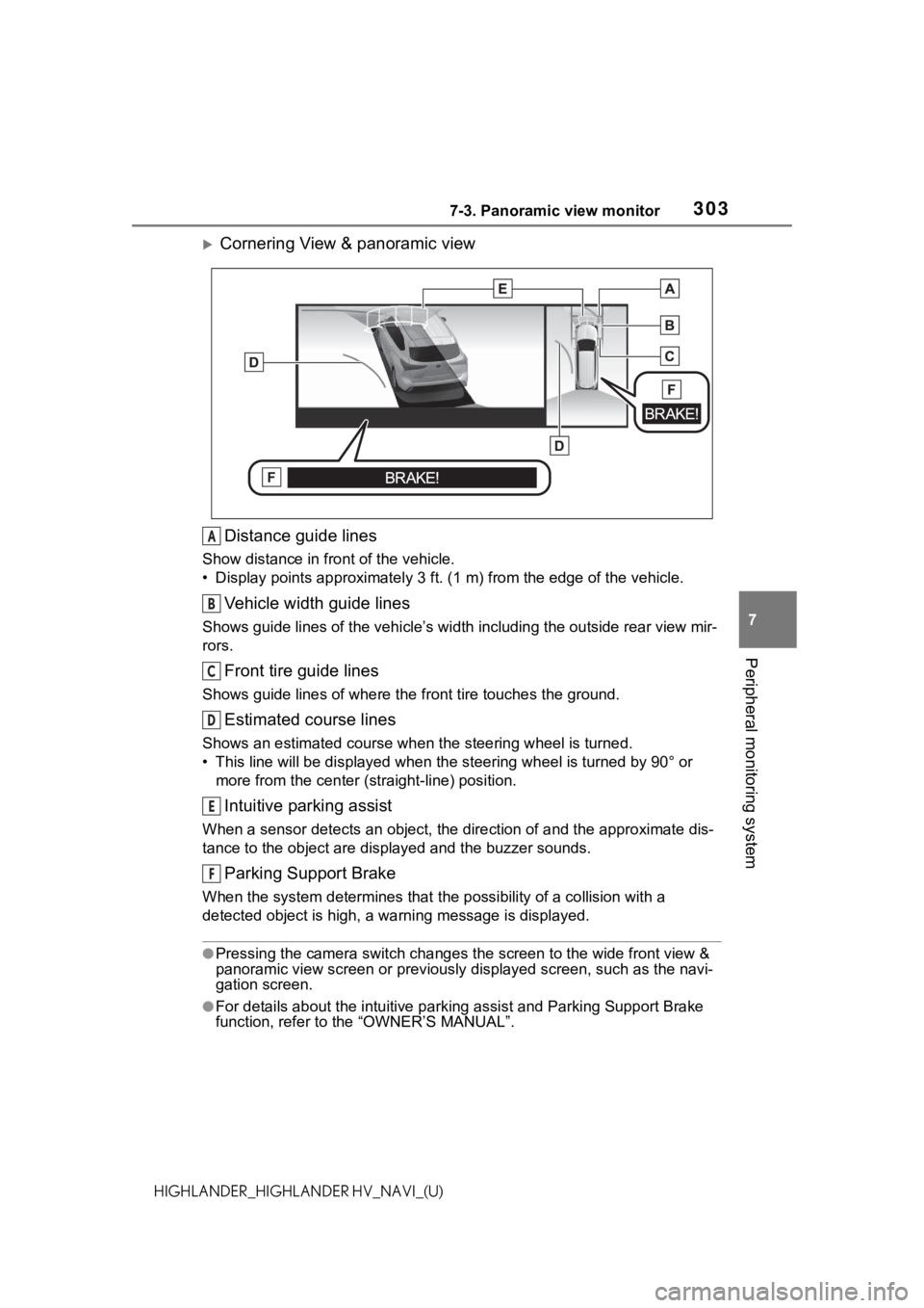 TOYOTA HIGHLANDER HYBRID 2021 Accessories, Audio & Navigation (in English) 3037-3. Panoramic view monitor
7
Peripheral monitoring system
HIGHLANDER_HIGHLANDER HV_NAVI_(U)
Cornering View & panoramic viewDistance guide lines
Show distance in front of the vehicle.
• Displa TOYOTA HIGHLANDER HYBRID 2021 Accessories, Audio & Navigation (in English) 3037-3. Panoramic view monitor
7
Peripheral monitoring system
HIGHLANDER_HIGHLANDER HV_NAVI_(U)
Cornering View & panoramic viewDistance guide lines
Show distance in front of the vehicle.
• Displa