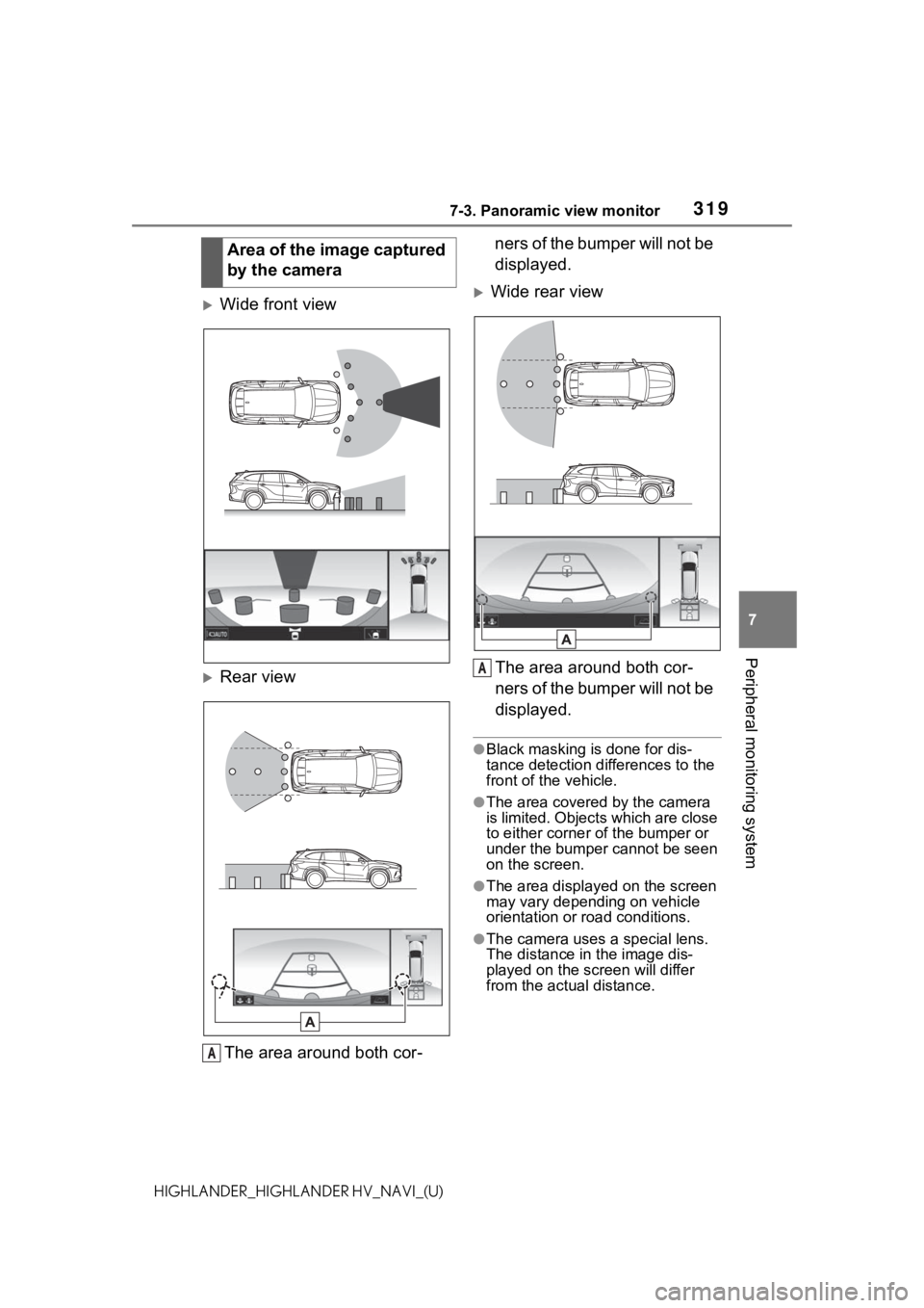 TOYOTA HIGHLANDER HYBRID 2021 Accessories, Audio & Navigation (in English) 3197-3. Panoramic view monitor
7
Peripheral monitoring system
HIGHLANDER_HIGHLANDER HV_NAVI_(U)
Wide front view
Rear viewThe area around both cor- ners of the bumper will not be
displayed.
W TOYOTA HIGHLANDER HYBRID 2021 Accessories, Audio & Navigation (in English) 3197-3. Panoramic view monitor
7
Peripheral monitoring system
HIGHLANDER_HIGHLANDER HV_NAVI_(U)
Wide front view
Rear viewThe area around both cor- ners of the bumper will not be
displayed.
W