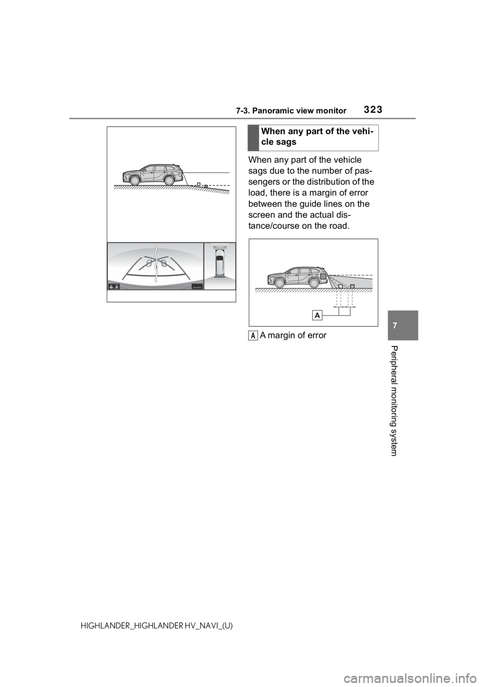 TOYOTA HIGHLANDER HYBRID 2021 Accessories, Audio & Navigation (in English) 3237-3. Panoramic view monitor
7
Peripheral monitoring system
HIGHLANDER_HIGHLANDER HV_NAVI_(U)
When any part of the vehicle
sags due to the number of pas-
sengers or the distribution of the
load, t TOYOTA HIGHLANDER HYBRID 2021 Accessories, Audio & Navigation (in English) 3237-3. Panoramic view monitor
7
Peripheral monitoring system
HIGHLANDER_HIGHLANDER HV_NAVI_(U)
When any part of the vehicle
sags due to the number of pas-
sengers or the distribution of the
load, t