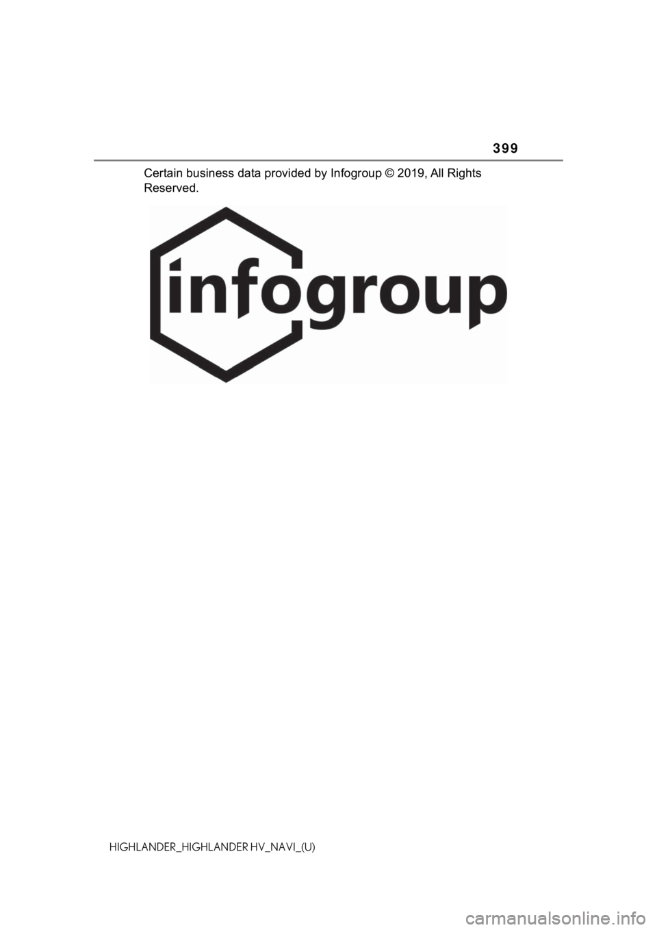 TOYOTA HIGHLANDER HYBRID 2021  Accessories, Audio & Navigation (in English) 399
HIGHLANDER_HIGHLANDER HV_NAVI_(U)
Certain business data provided by Infogroup © 2019, All Rights 
Reserved. 