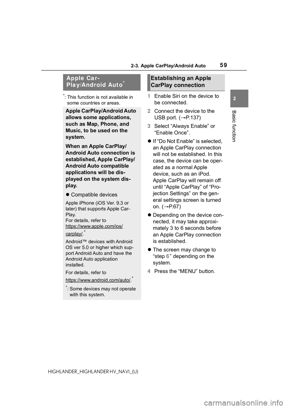 TOYOTA HIGHLANDER HYBRID 2021  Accessories, Audio & Navigation (in English) 592-3. Apple CarPlay/Android Auto
2
Basic function
HIGHLANDER_HIGHLANDER HV_NAVI_(U)
2-3.Apple CarPlay/Android Auto
*: This function is not available in some countries or areas.1 Enable Siri on the de