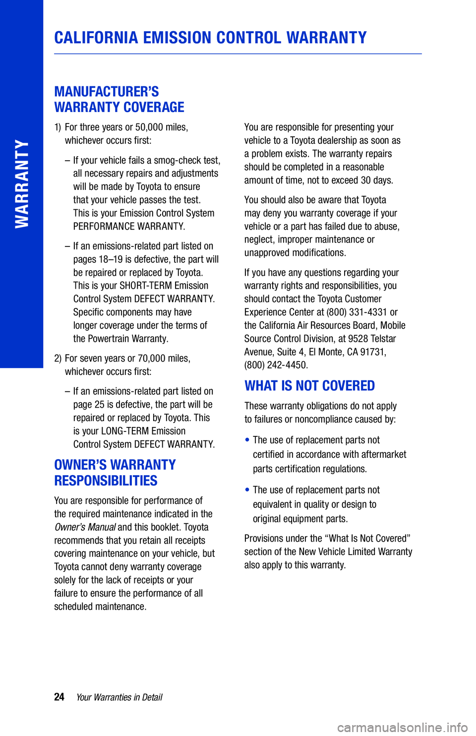 TOYOTA HIGHLANDER HYBRID 2021  Warranties & Maintenance Guides (in English) 24Your Warranties in Detail
WARRANTY
MANUFACTURER’S  
WARRANTY COVERAGE
1)   For three years or 50,000 miles,   
whichever occurs �rst:
  –   If your vehicle fails a smog-check test, 
all necessar