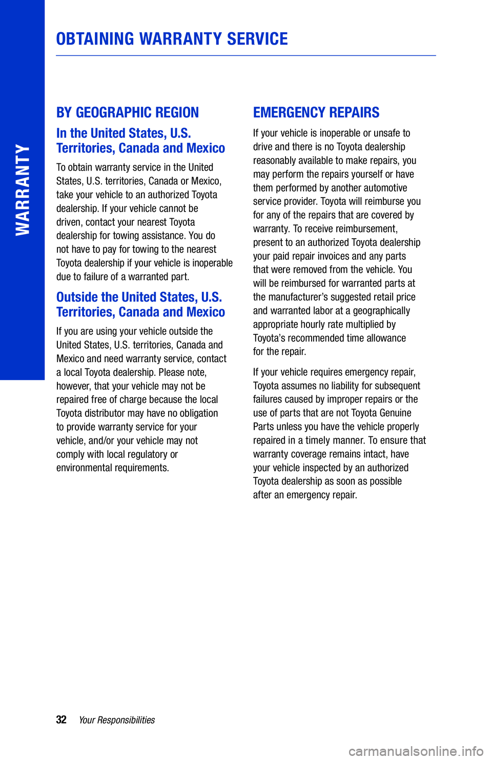 TOYOTA HIGHLANDER HYBRID 2021  Warranties & Maintenance Guides (in English) 32Your Responsibilities
WARRANTY
OBTAINING WARRANTY SERVICE
BY GEOGRAPHIC REGION 
In the United States, U.S. 
Territories, Canada and Mexico
To obtain warranty service in the United 
States, U.S. terr