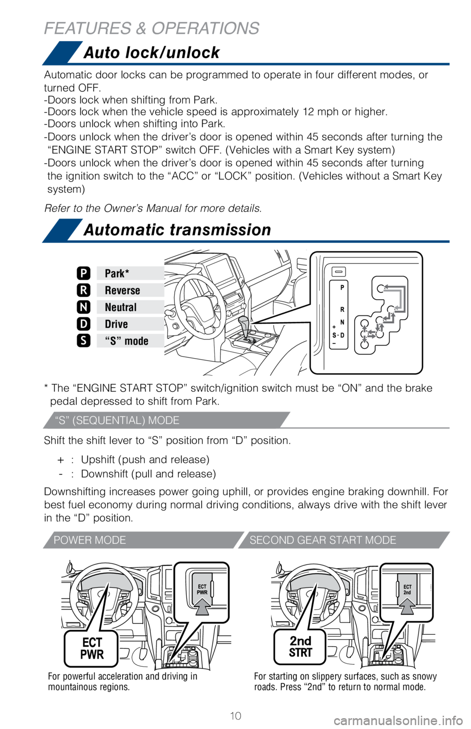 TOYOTA LAND CRUISER 2018 Owners Manual (in English) 10
Auto lock/unlock
Automatic transmission
Automatic door locks can be programmed to operate in four different mode\
s, or
turned OFF.
-Doors lock when shifting from Park.
-Doors lock when the vehicl TOYOTA LAND CRUISER 2018 Owners Manual (in English) 10
Auto lock/unlock
Automatic transmission
Automatic door locks can be programmed to operate in four different mode\
s, or
turned OFF.
-Doors lock when shifting from Park.
-Doors lock when the vehicl