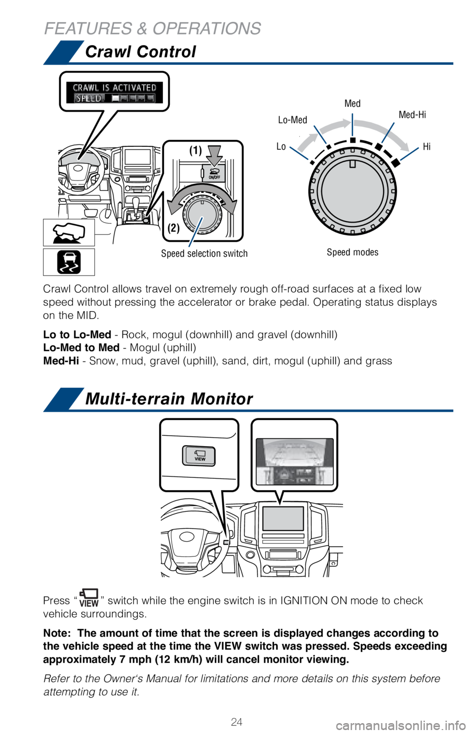 TOYOTA LAND CRUISER 2018 (in English) Owners Manual 24
Crawl Control
Multi-terrain Monitor
FEATURES & OPERATIONS
Speed selection switch
LoHi(1)
(2)
Med
Lo-MedMed-Hi
Speed modes
Press “” switch while the engine switch is in IGNITION ON mode to check TOYOTA LAND CRUISER 2018 (in English) Owners Manual 24
Crawl Control
Multi-terrain Monitor
FEATURES & OPERATIONS
Speed selection switch
LoHi(1)
(2)
Med
Lo-MedMed-Hi
Speed modes
Press “” switch while the engine switch is in IGNITION ON mode to check