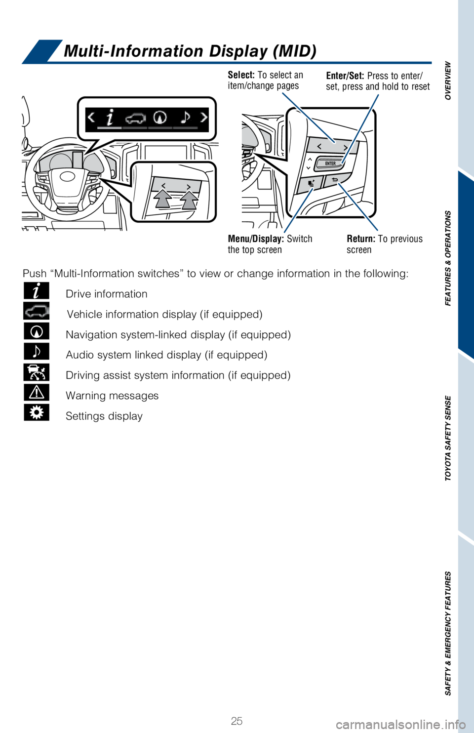 TOYOTA LAND CRUISER 2018 (in English) Owners Manual 25
OVERVIEW
FEATURES & OPERATIONS
TOYOTA SAFETY SENSE
SAFETY & EMERGENCY FEATURES
Multi-Information Display (MID)
Select: To select an
item/change pagesEnter/Set: Press to enter/
set, press and hold t TOYOTA LAND CRUISER 2018 (in English) Owners Manual 25
OVERVIEW
FEATURES & OPERATIONS
TOYOTA SAFETY SENSE
SAFETY & EMERGENCY FEATURES
Multi-Information Display (MID)
Select: To select an
item/change pagesEnter/Set: Press to enter/
set, press and hold t