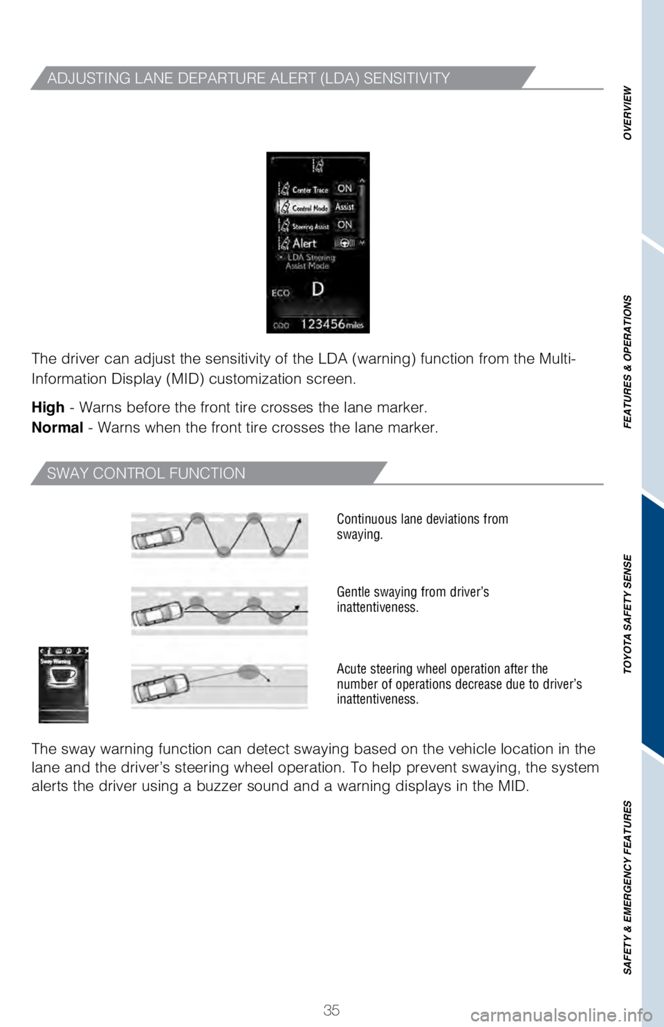 TOYOTA LAND CRUISER 2018  Owners Manual (in English) 35
OVERVIEW
FEATURES & OPERATIONS
TOYOTA SAFETY SENSE
SAFETY & EMERGENCY FEATURES
ADJUSTING LANE DEPARTURE ALERT (LDA) SENSITIVITY
SWAY CONTROL FUNCTION
The driver can adjust the sensitivity of the LD