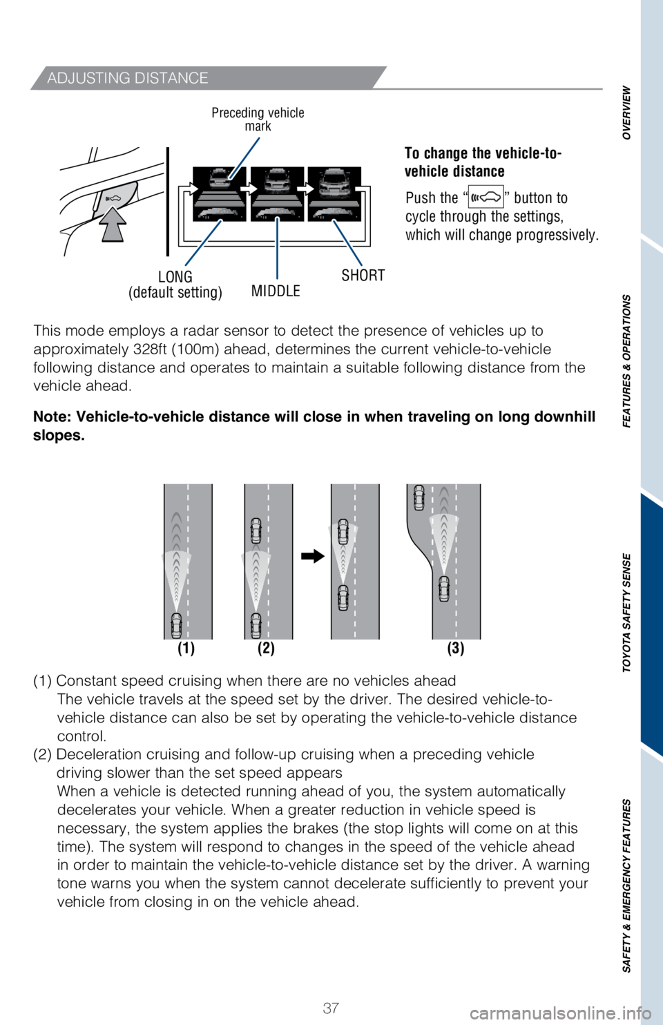 TOYOTA LAND CRUISER 2018  Owners Manual (in English) 37
OVERVIEW
FEATURES & OPERATIONS
TOYOTA SAFETY SENSE
SAFETY & EMERGENCY FEATURES
LONG
(default setting) MIDDLESHORT
ADJUSTING DISTANCE
     To change the vehicle-to-    
     vehicle distance
 
Push 