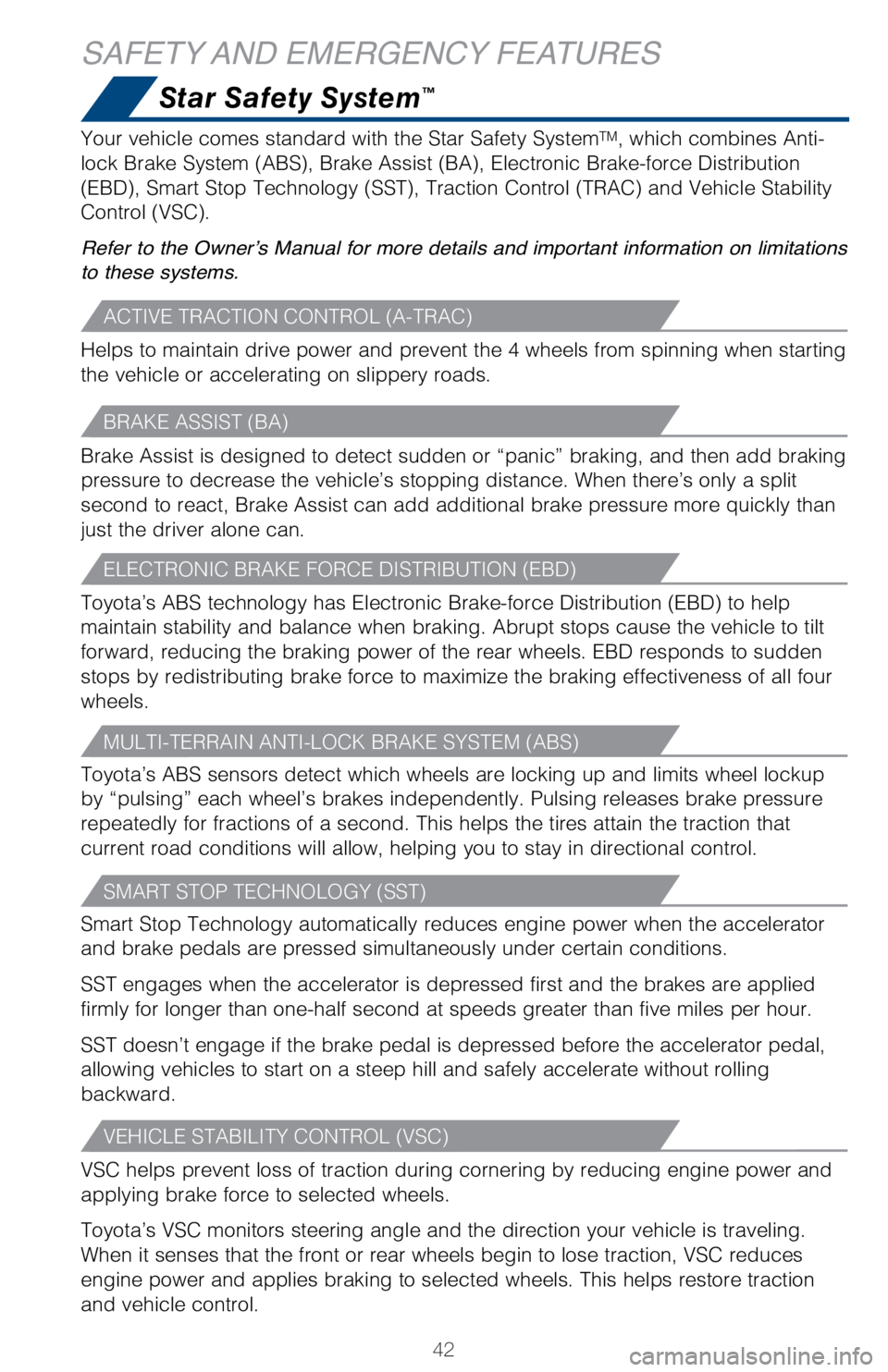 TOYOTA LAND CRUISER 2018 Owners Manual (in English) 42
Star Safety System™
SAFETY AND EMERGENCY FEATURES
Your vehicle comes standard with the Star Safety SystemTM, which combines Anti-
lock Brake System (ABS), Brake Assist (BA), Electronic Brake-forc TOYOTA LAND CRUISER 2018 Owners Manual (in English) 42
Star Safety System™
SAFETY AND EMERGENCY FEATURES
Your vehicle comes standard with the Star Safety SystemTM, which combines Anti-
lock Brake System (ABS), Brake Assist (BA), Electronic Brake-forc