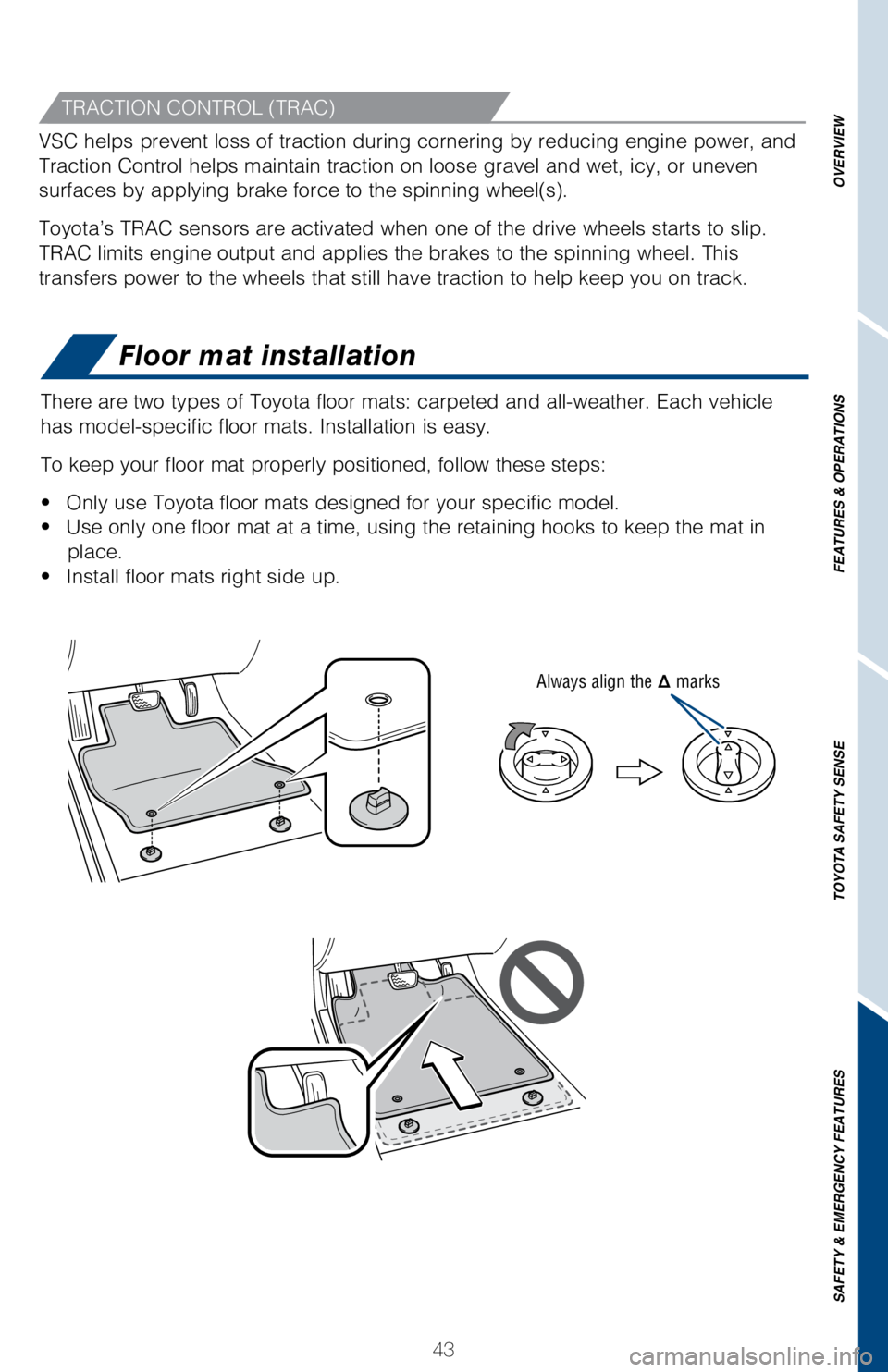 TOYOTA LAND CRUISER 2018 (in English) Service Manual 43
OVERVIEW
FEATURES & OPERATIONS
TOYOTA SAFETY SENSE
SAFETY & EMERGENCY FEATURES
Floor mat installation
There are two types of Toyota floor mats: carpeted and all-weather. Each\
vehicle
has model-s TOYOTA LAND CRUISER 2018 (in English) Service Manual 43
OVERVIEW
FEATURES & OPERATIONS
TOYOTA SAFETY SENSE
SAFETY & EMERGENCY FEATURES
Floor mat installation
There are two types of Toyota floor mats: carpeted and all-weather. Each\
vehicle
has model-s