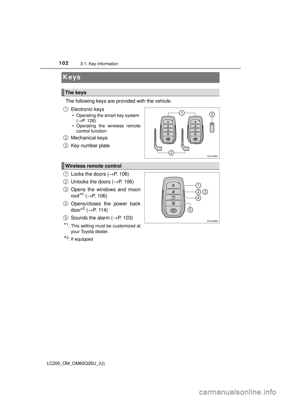 TOYOTA LAND CRUISER 2018 Owners Manual (in English) 102
LC200_OM_OM60Q26U_(U)
3-1. Key information
Keys
The following keys are provided with the vehicle.Electronic keys
• Operating the smart key system (→P. 126)
• Operating the wireless remote co TOYOTA LAND CRUISER 2018 Owners Manual (in English) 102
LC200_OM_OM60Q26U_(U)
3-1. Key information
Keys
The following keys are provided with the vehicle.Electronic keys
• Operating the smart key system (→P. 126)
• Operating the wireless remote co