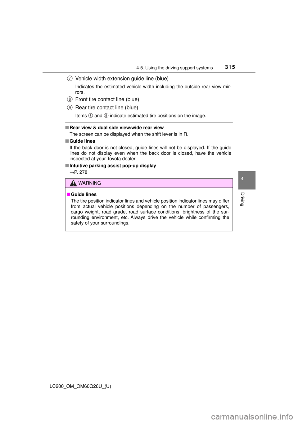 TOYOTA LAND CRUISER 2018  Owners Manual (in English) LC200_OM_OM60Q26U_(U)
3154-5. Using the driving support systems
4
Driving
Vehicle width extension guide line (blue)
Indicates the estimated vehicle width including the outside rear view mir-
rors.
Fro