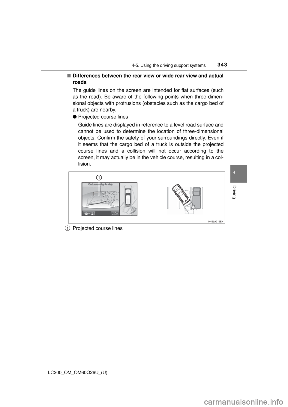 TOYOTA LAND CRUISER 2018 Owners Manual (in English) LC200_OM_OM60Q26U_(U)
3434-5. Using the driving support systems
4
Driving
■Differences between the rear view or wide rear view and actual
roads
The guide lines on the screen are intended for flat s TOYOTA LAND CRUISER 2018 Owners Manual (in English) LC200_OM_OM60Q26U_(U)
3434-5. Using the driving support systems
4
Driving
■Differences between the rear view or wide rear view and actual
roads
The guide lines on the screen are intended for flat s