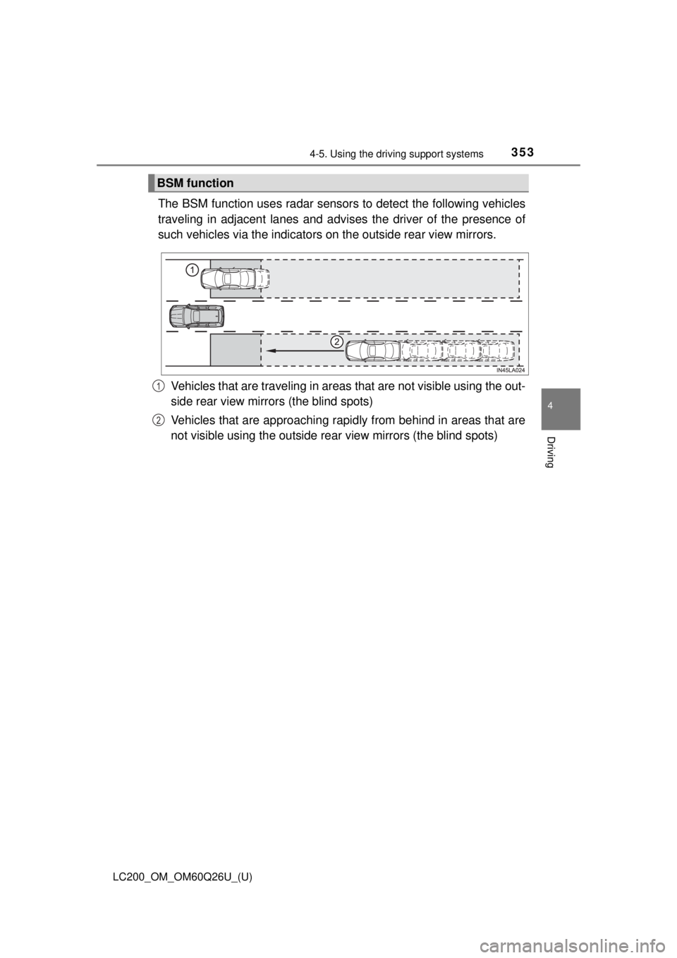TOYOTA LAND CRUISER 2018 Owners Manual (in English) LC200_OM_OM60Q26U_(U)
3534-5. Using the driving support systems
4
Driving
The BSM function uses radar sensor s to detect the following vehicles
traveling in adjacent lanes and advise s the driver of t TOYOTA LAND CRUISER 2018 Owners Manual (in English) LC200_OM_OM60Q26U_(U)
3534-5. Using the driving support systems
4
Driving
The BSM function uses radar sensor s to detect the following vehicles
traveling in adjacent lanes and advise s the driver of t