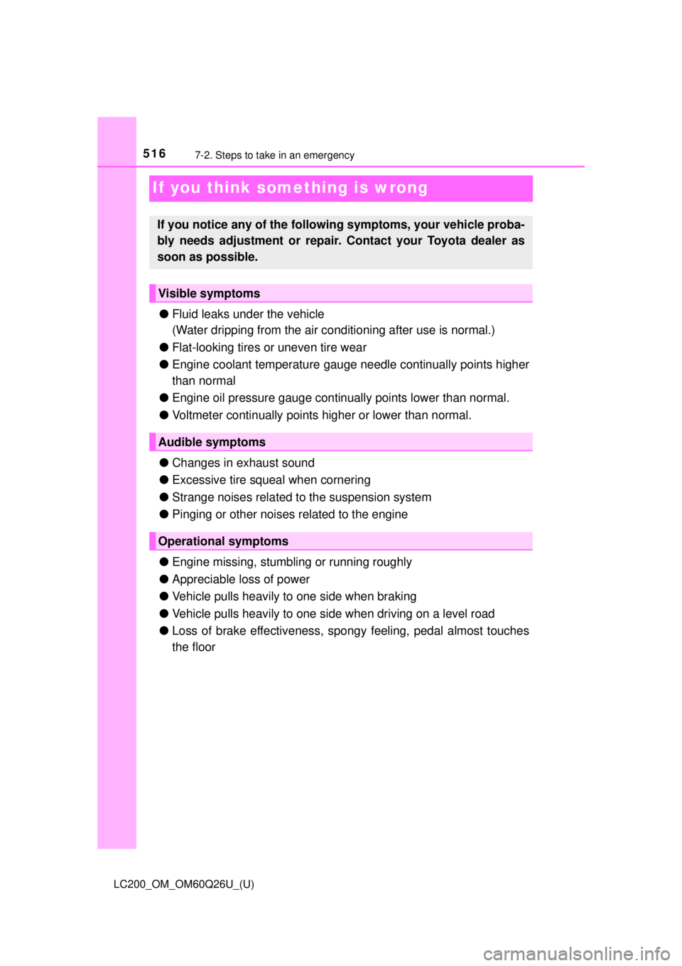 TOYOTA LAND CRUISER 2018 Owners Manual (in English) 516
LC200_OM_OM60Q26U_(U)
7-2. Steps to take in an emergency
If you think something is wrong
●Fluid leaks under the vehicle
(Water dripping from the air co nditioning after use is normal.)
● Flat- TOYOTA LAND CRUISER 2018 Owners Manual (in English) 516
LC200_OM_OM60Q26U_(U)
7-2. Steps to take in an emergency
If you think something is wrong
●Fluid leaks under the vehicle
(Water dripping from the air co nditioning after use is normal.)
● Flat-