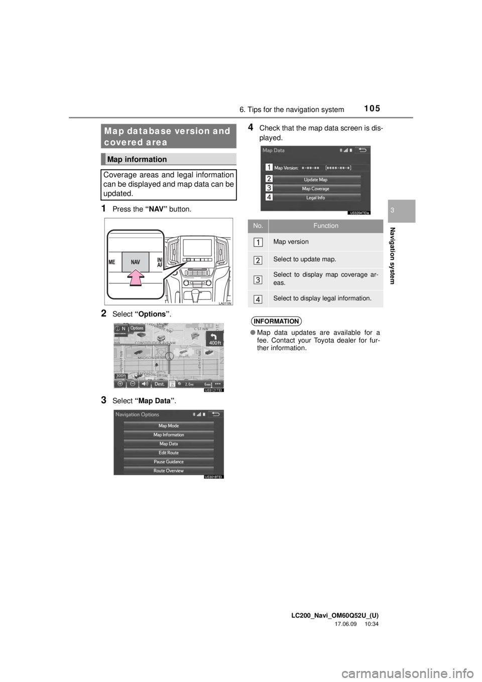 TOYOTA LAND CRUISER 2018 Accessories, Audio & Navigation (in English) LC200_Navi_OM60Q52U_(U)
17.06.09 10:34
Navigation system
3
1056. Tips for the navigation system
1Press the “NAV” button.
2Select “Options”.
3Select “Map Data” .
4Check that the map da TOYOTA LAND CRUISER 2018 Accessories, Audio & Navigation (in English) LC200_Navi_OM60Q52U_(U)
17.06.09 10:34
Navigation system
3
1056. Tips for the navigation system
1Press the “NAV” button.
2Select “Options”.
3Select “Map Data” .
4Check that the map da