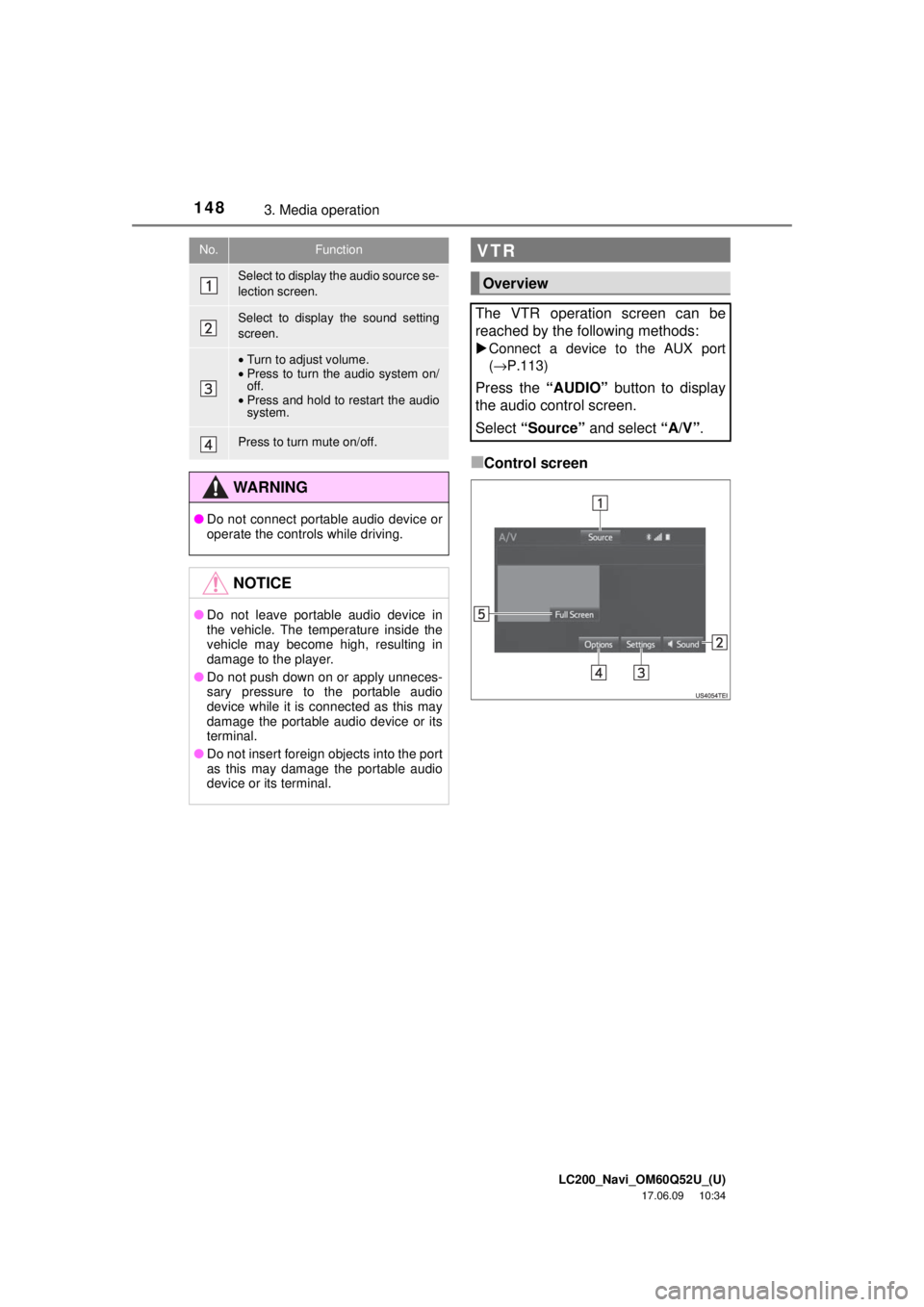 TOYOTA LAND CRUISER 2018 Accessories, Audio & Navigation (in English) LC200_Navi_OM60Q52U_(U)
17.06.09 10:34
1483. Media operation
■Control screen
No.Function
Select to display the audio source se-
lection screen.
Select to display the sound setting
screen.
•Tur TOYOTA LAND CRUISER 2018 Accessories, Audio & Navigation (in English) LC200_Navi_OM60Q52U_(U)
17.06.09 10:34
1483. Media operation
■Control screen
No.Function
Select to display the audio source se-
lection screen.
Select to display the sound setting
screen.
•Tur